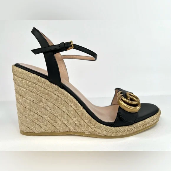 Gucci Galassia Aitana Lifford Black Leather Wedge Double G Logo Sandals EU 35 - Picture 4 of 14